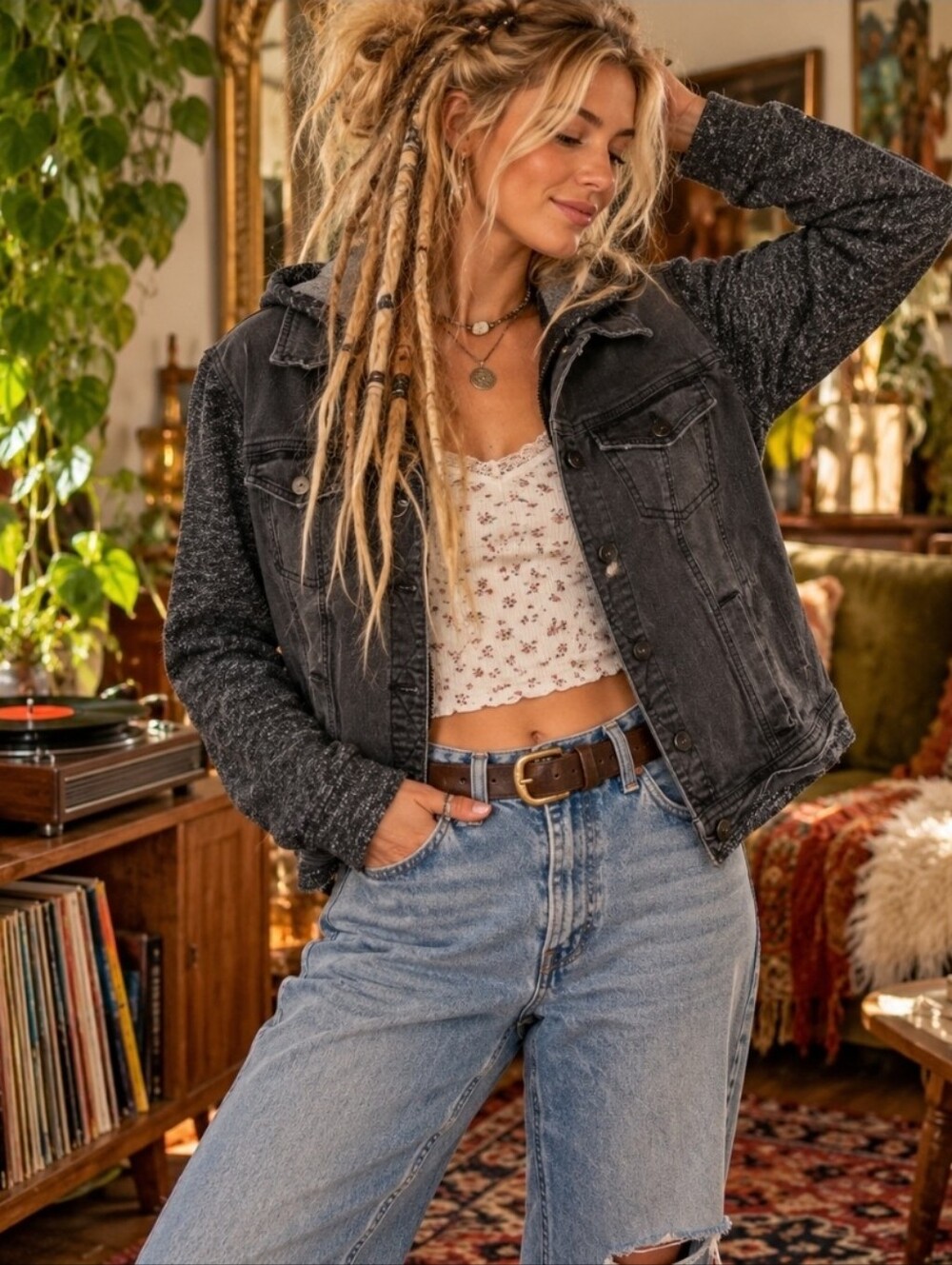 4/$15 Lei L Charcoal Mixed Media Hooded Denim Jacket Grunge Y2K 90s Western Boho